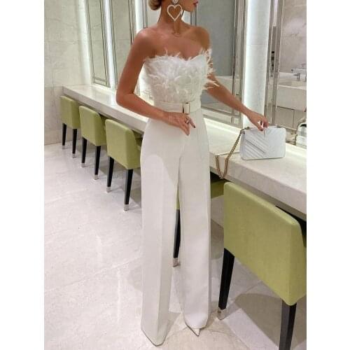 Jumpsuit Women Elegant Long Jumpsuit Strapless Slash Neck Feather Tube Top Sexy Fashion Party Night Evening Jumpsuit 2021 Summer