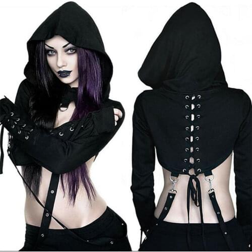 Womens Sexy Crop Top Short Hoodie Ladies Gothic Punk Halter Mesh Hooded Sweatshirt Coat Cosplay Tops