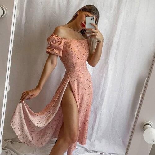 Robellii Off Shoulder Split Elegant Midi Dress Short Sleeve Floral Printing Women Dresses