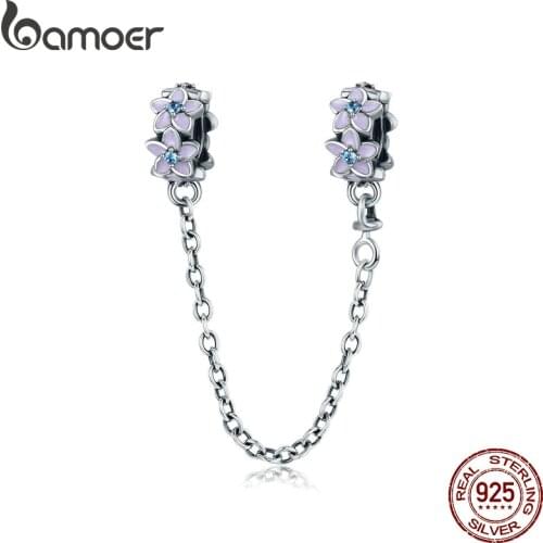 BAMOER 100% 925 Sterling Silver Purple Enamel Daisy Flower Safety Chain Stopper Charm fit Charm Bracelet DIY Jewelry SCC602