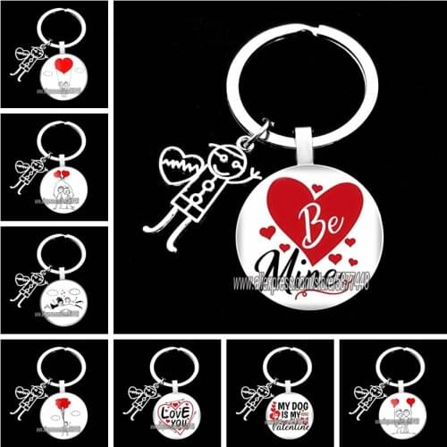 Red love heart girl glass keychain lovely girl and boy pendent keychain gift for Valentines Day