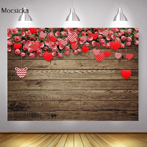 Valentines Day Portrait Backdrop for Photography Red Rose Heart Rustic Wood Floor Background Floarl Romantic Wedding Photocall