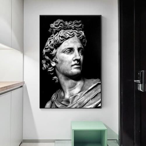 Head of The Statue of Apollo Sculpture Canvas Art Poster and Prints Black White Canvas Painting Wall Art Picture for living room