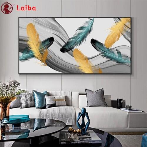5D DIY diamond painting Modern art, colored feathers cross stitch full diamond Emeroidery mosaic painting home decor