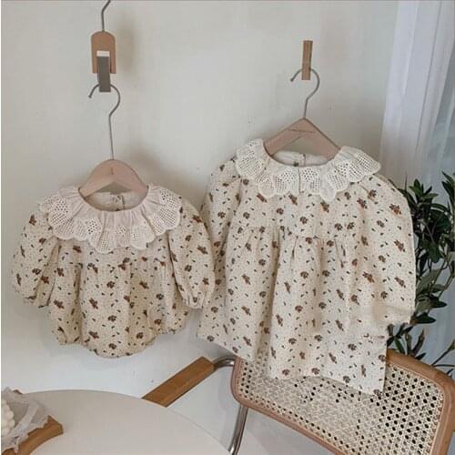 2021 Korean Girls Lapel Dress Princess Baby Floral Creeping Suit One-piece Dress Sisters Matching Wear Baby Rompers
