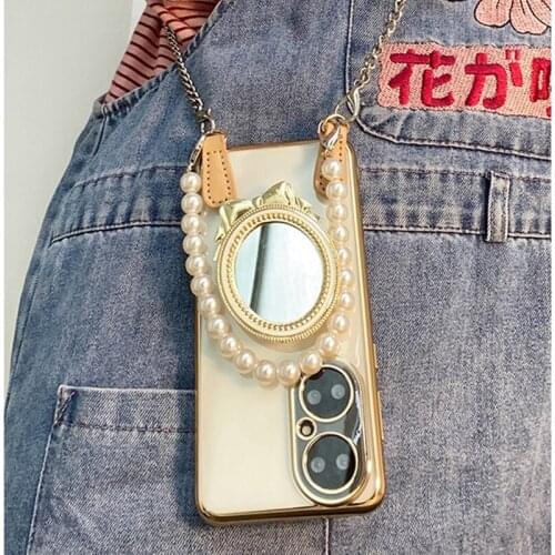 For Huawei P50 Pro Conque Cute Round Mirror Stand Phone Case for Huawei P50 Crossby Pearl Bracelet Phone Case for P50 Cases