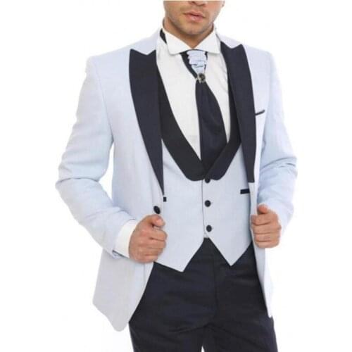 Custom Made Men Suits White and Black Groom Tuxedos Peak Lapel Groomsmen Wedding Best Man 3 Pieces ( Jacket+Pants+Vest+Tie )C947
