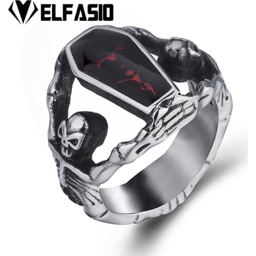 Mens Boys Gothic Vampire Skeleton Skull Bloody Red Enamel Coffin Stainless Steel Ring Punk Jewelry US size 8-14
