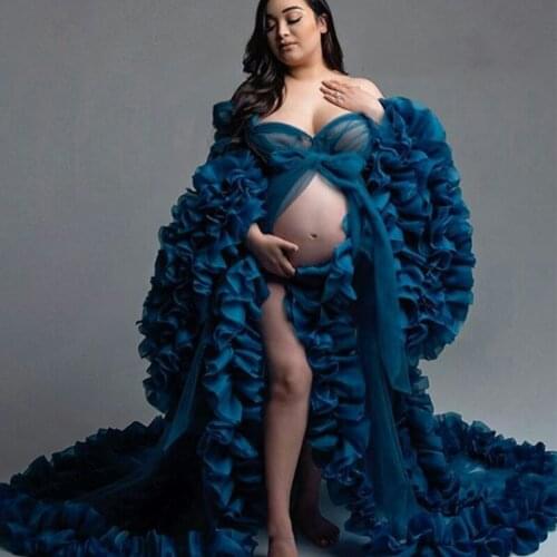 Navy Lady Ruffles Night Gowns Sexy Women Lingerie Tiered Sleepwear Nightgown Long Sleeve Bridal Boudoir Robe Holiday Wedding