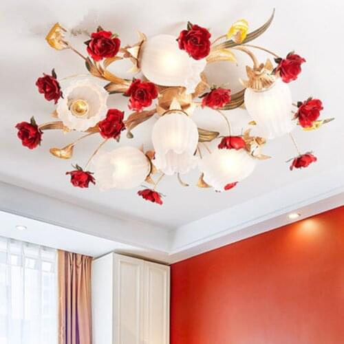 Nordic Art Deco Rural Red Flower Plant Led Lamp Ceiling Lights For Wedding Marriage Living Room Bedroom Home Decorative Lighting