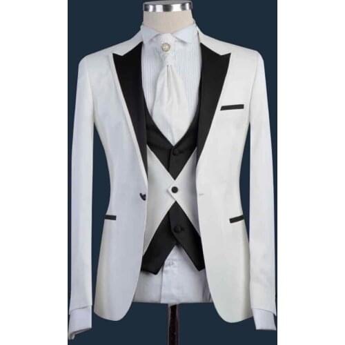 Latest Coat Pants Designs 2018 white Wedding men Suit Groom Tuxedo Slim Fit Blazer Jacket Stage Performace black lapel vest