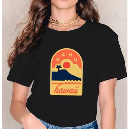Oahu Hawaii Badge Graphic Tees Woman Vintage Hawaii Badge Tops Streetwear Women Clothing 2021 Fashion Print T