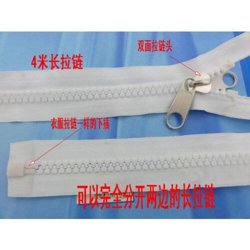 Plastic white open end 10# 2pcs/lot resin zippers for sewing double slider pullers outdoor tent 4M 400cm Reversible longer