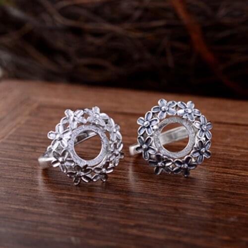 Joanlyn Ring Blank (7x7mm/10x10mm Round Blank) 925 Silver Flower Shape Ring Base Adjustable Sterling Silver Ring Setting R717B