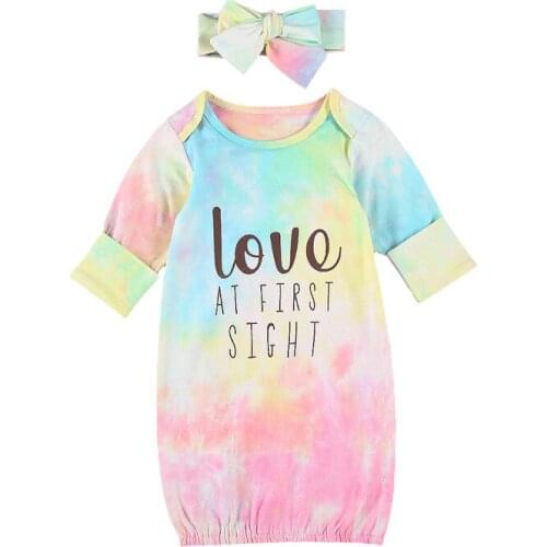 Colorful Long Sleeve Sleeping Bag for 0-6M Newborn Baby Lovely Letter Tie Dye Print Toddlers Wrap Swaddle Blankets Headband