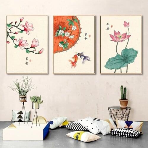 Retro Lotus Magnolia Plants Flower Goldfish Canvas Painting Chinese Style Poster and Print Home Decor Wall Art Picture Unframed
