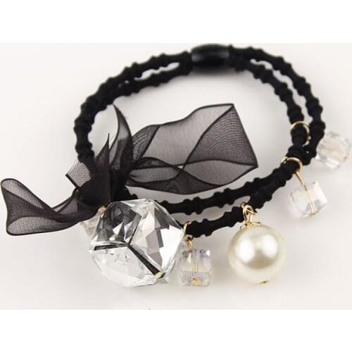 Bowknot Crystal Pearls Elastic Ponytail Holders High Level Double Layers Black Hair Accessories Girl Women Rubberbands Tie Gum