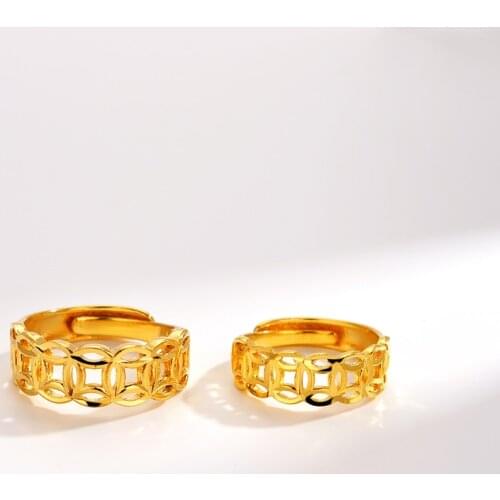 Vintage Luxury Rings Resizable Hollow Money Coin Geometry Gold Jewelry For Men Women Wedding Engagement Couple Anniversary Gift