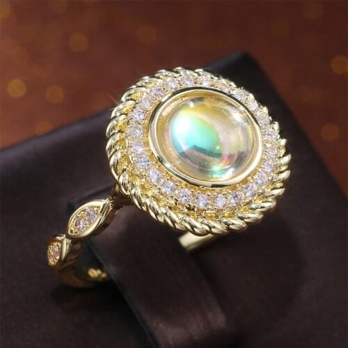 Huitan Vintage Artificial Opals Party Women Ring Round Micro Paved CZ Audrey Hepburn Style Jewelry Elegant Lady Anniversary Hot