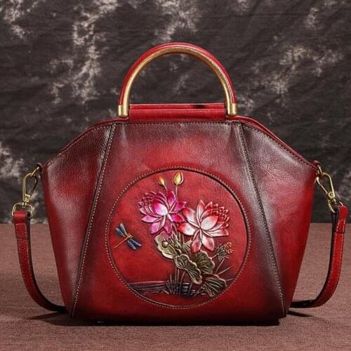 Female Bag Cowhide Top Handle Messenger Bags Embossed Retro Design Cross Body Handbag Women Tote Shoulder Genuine Leather Bag