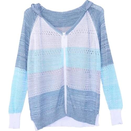 Women Hollow Out Knit Hoodie Sweater Long Sleeve Color Block Striped Zip Jacket