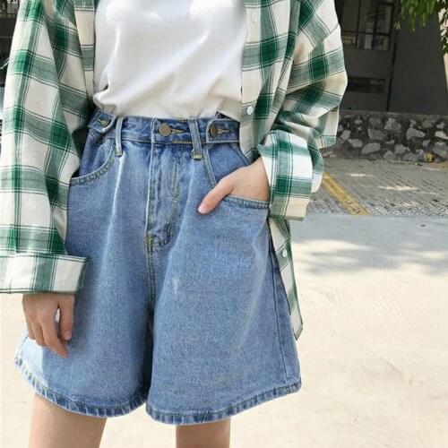 SHNSOPHI Summer Women Blue Denim Shorts Vintage High Waist Female Wide Leg Solid Color Loose Jeans Mini Shorts Fashion