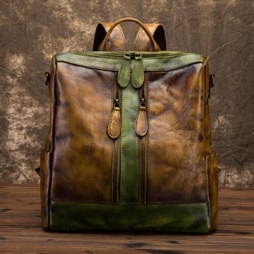 Genuine Leather Vintage Women Backpack 2021 New Large Capacity Stitching Hit Color Cowhide Casual Travel Bag Pack Mochilas Mujer