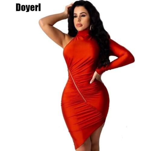 Celebrity Bandage Dresses for Women Party Night One Shoulder Long Sleeve Bodycon Club Sexy Dress Mini Elegant Red Dress Short