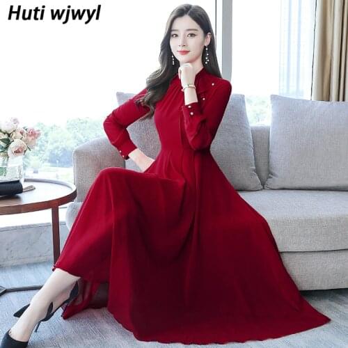 2021 Autumn Elegant Solid Chiffon Long Sleeve Beach Maxi Dress Fashion Vintage 3XL Plus Size Midi Dress Women Bodycon Vestidos