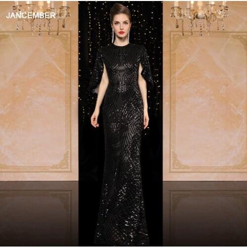 J49030 jancember black evening dress 2020 long mermaid high neck bat sleeve sequin beading lace dress women prom robe de soiree
