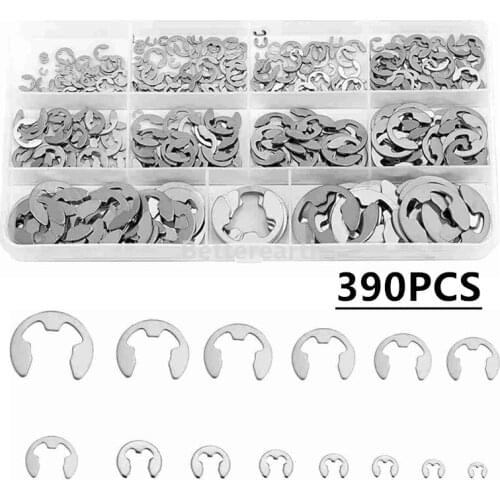390pcs E clip circlip washer assortment kit 304 stainless steel 1.2-15 mm external retaining ring clip for pulleys shaft
