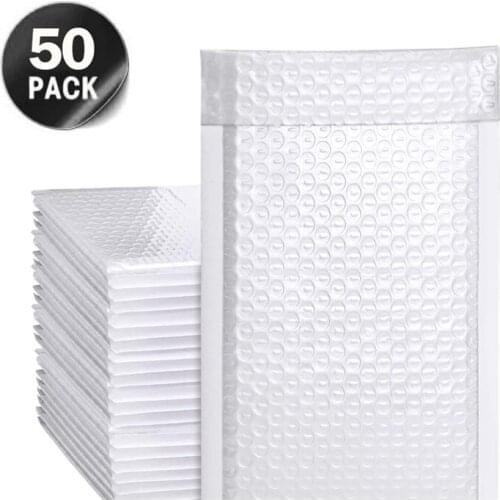 50Pcs White Pearlescent Film Poly Mailer Bubble Waterproof Shockproof Padded Envelopes for Gift Packaging Lined Self Seal Bag