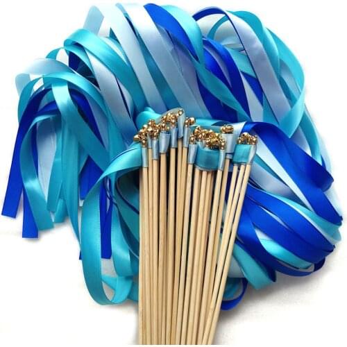 50pcs/lot Three Different Blue wedding Ribbon Wands With Gold Bell Ribbon Twirling Streamers Wedding Ribbon Stick Party Supplies