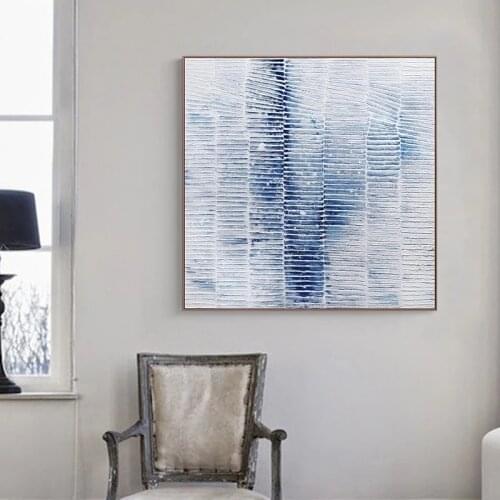 Blue and White 100% Hand Painted Abstract Painting Minimalist Art Thick Textured Canvas Painting Modern Wall Art Home Decor