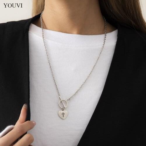 YOUVI Stainless Steel Chain Cross Hollow Heart Pendant Necklace for Women Punk Steel Color Men Necklace Chains on Neck Jewelry