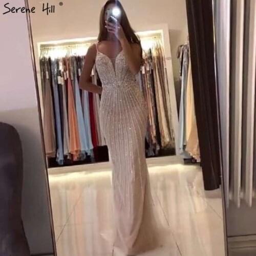 Dubai Champagne Sleeveless Mermaid Sexy Evening Dresses 2020 Beading Sequins Backless Formal Dress Serene Hill LA70400