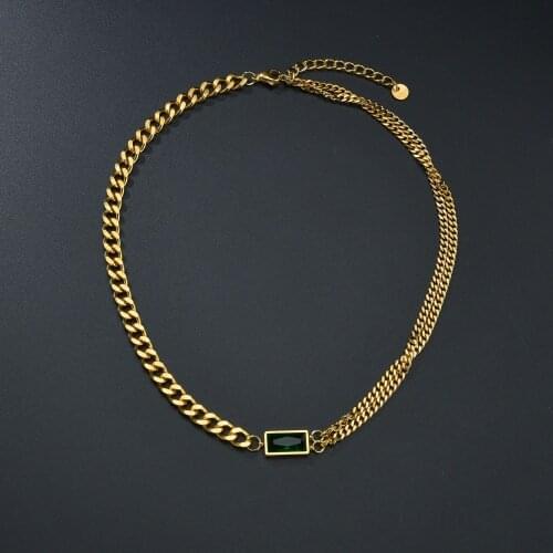 Elegant Green Crystal Choker Jewelry Sets Golden Stainless Steel Thick Chain Bracelet Necklace For Woman Man Wedding Party Gifts