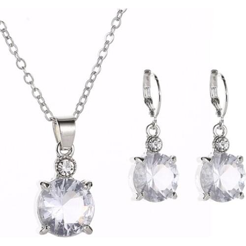 Fashion Bling Shining Crystal Zircon Silver Plated Chain Necklace Dangle Earring Set Alloy Jewelry Sets For Women