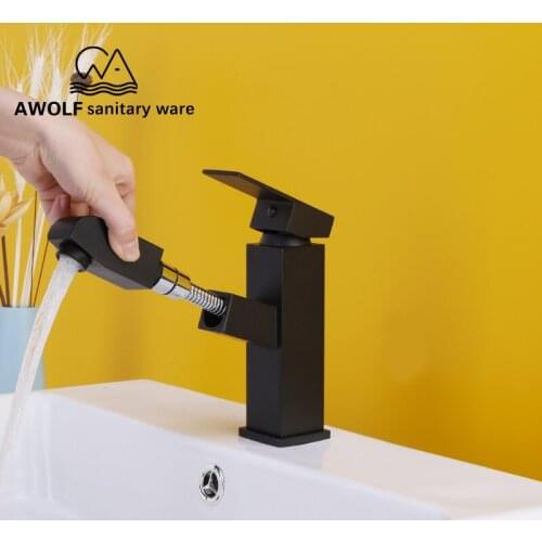 Basin Faucet Bathroom Sink Pull Out Faucet Mixer Tap Solid Brass Hot Cold Switch Matte Black Deck Mounted Bathroom Taps ML8019