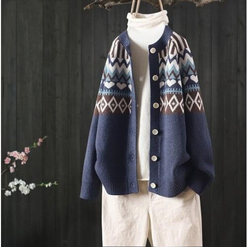 2021 spring and autumn new products loose ethnic style stitching long-sleeved sweater womens buttoned sweater cardigan