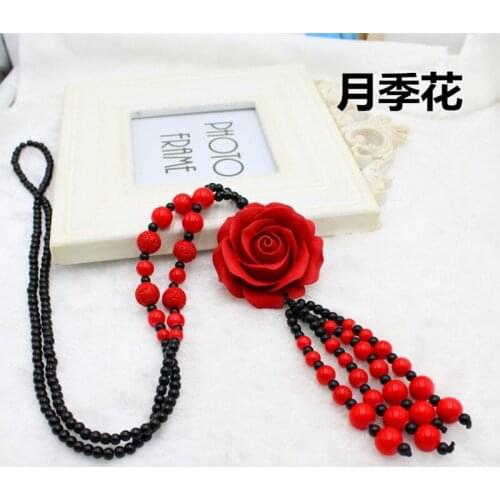 Natural Genuine Red Vermilion Necklace Carved Flower Pendant Jewelry lucky Black Sweater Chain