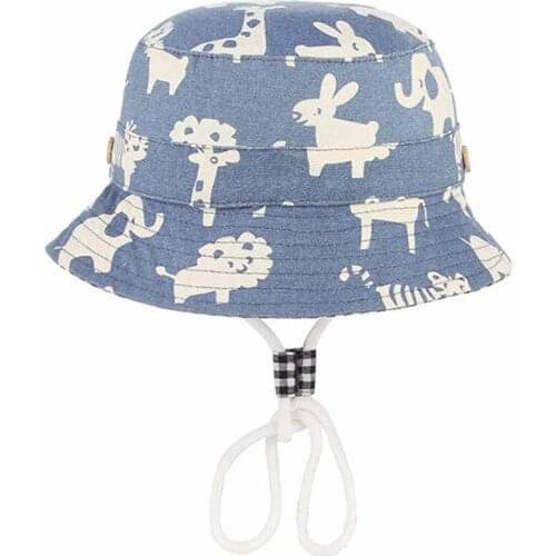 Bucket Hat Boy Kids Summer Sun Beach Wide Brim With Strap Cotton Animal Blue Holiday Outdoor Accessory For Spring