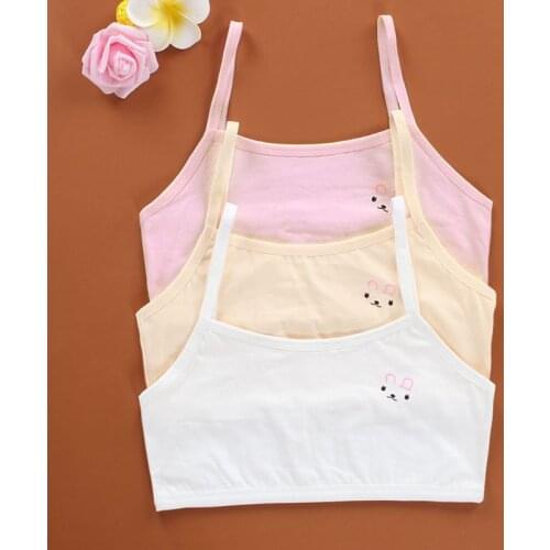Teenage Puberty Girls Solid Color Double Layer Underwear Bra Spaghetti Strap Cute Cartoon Rabbit Bralette Summer Basic Crop Top