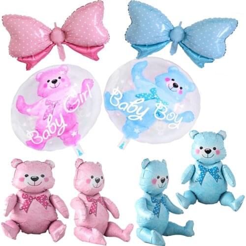 Baby Gender Reveal Party Supplies Teddy Bear Baby Shower Decoration Cartoon Pink and Blue Bear Foil Ball Double Bubble Jumbo Bow