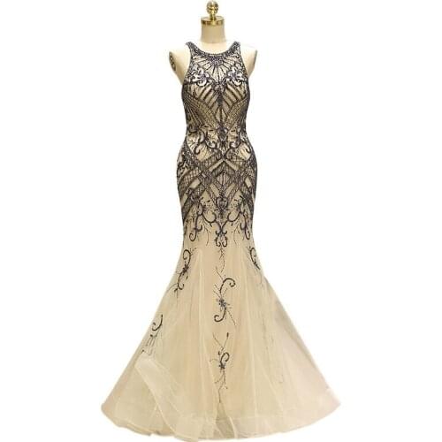 Luxury Memrmaid Long Evening Dress Prom Party Gown Tulle O-Neck Tank Appliques Fishtail Vestido de noche Robe de soiree 82714