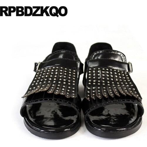 Japanese Stud Rivet Genuine Leather Size 45 Luxury Black Runway Sandals Designer Shoes Men High Quality Tassel Plus Summer Large