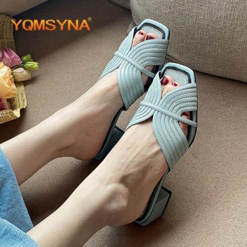 YQMSYNA Womens Modern Slippers Fashion Genuine Leather Pleated Striped Square Heel Flip Flop Summer Outdoor Concise Shoes AS30