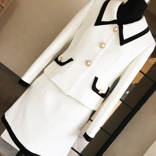 2019 Autumn Office Lady Elegant Black White Patchwork Skirts Set Women 2 Piece Set Short Single Breasted Coats + Mini Skirt Y292