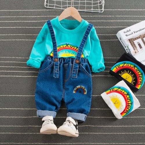 Spring Autumn Infant Clothes Suits Baby Girls Boys Clothing Sets Fashion T Shirt denim Bib Pants 2 Pcs Kid Children Costume