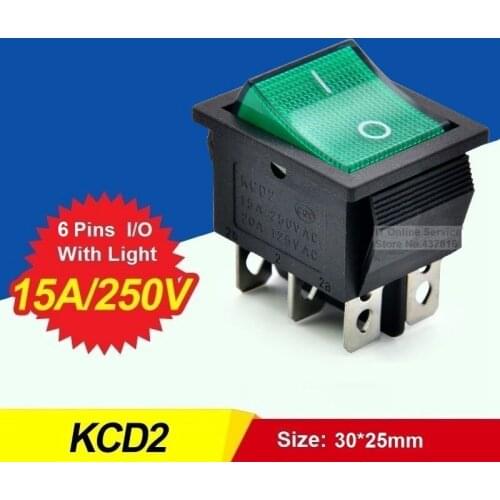 2PCS/lot Rocker Switch With Light 6 Pins I/O Red Green Lamp Button Power Switch 15A 250VAC 20A 125VAC CZKCD2-6P15A